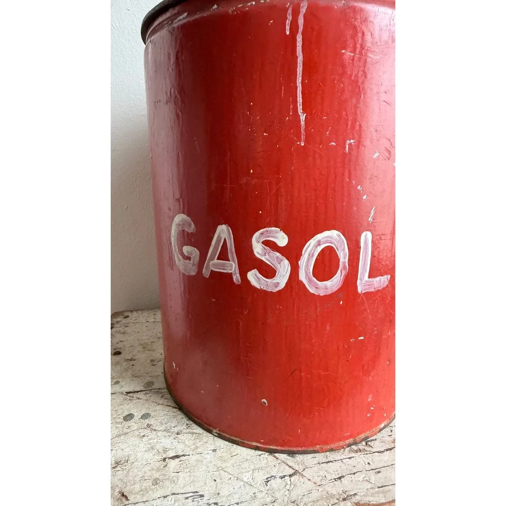 Vintage Red Metal Gasoline Can Rustic Industrial Storage Decor